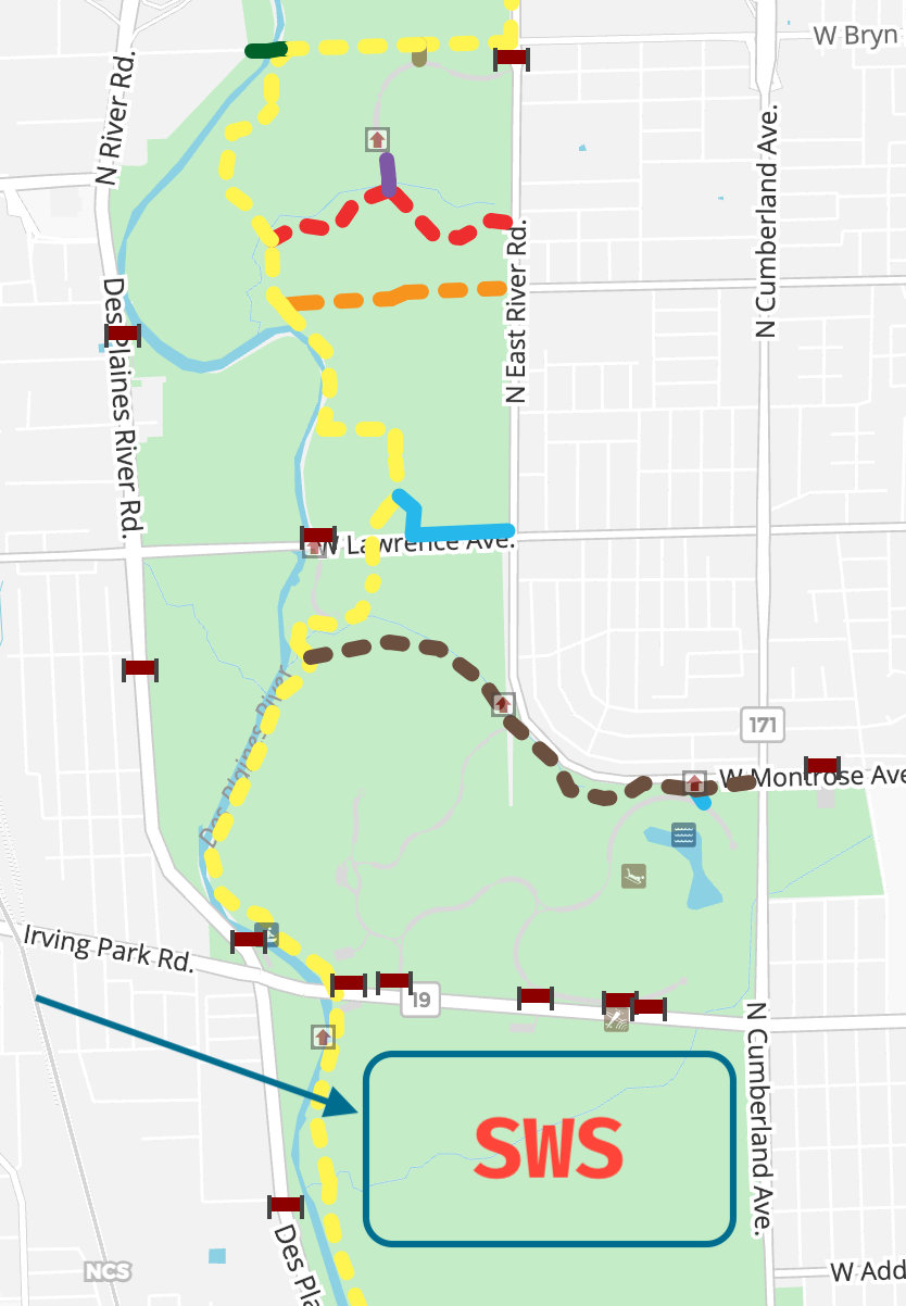Documented trails for other areas Documented trails on for other areas. Schiller Woods South identified in rectangle at bottom of image. Credit: HikingProject.com